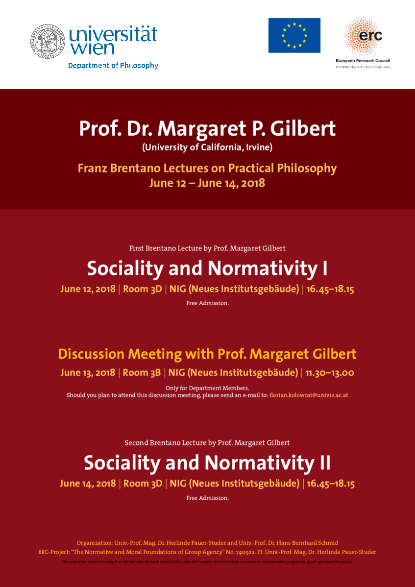 Poster for 2018 Brantano Lectures, held by Margaret Gilbert